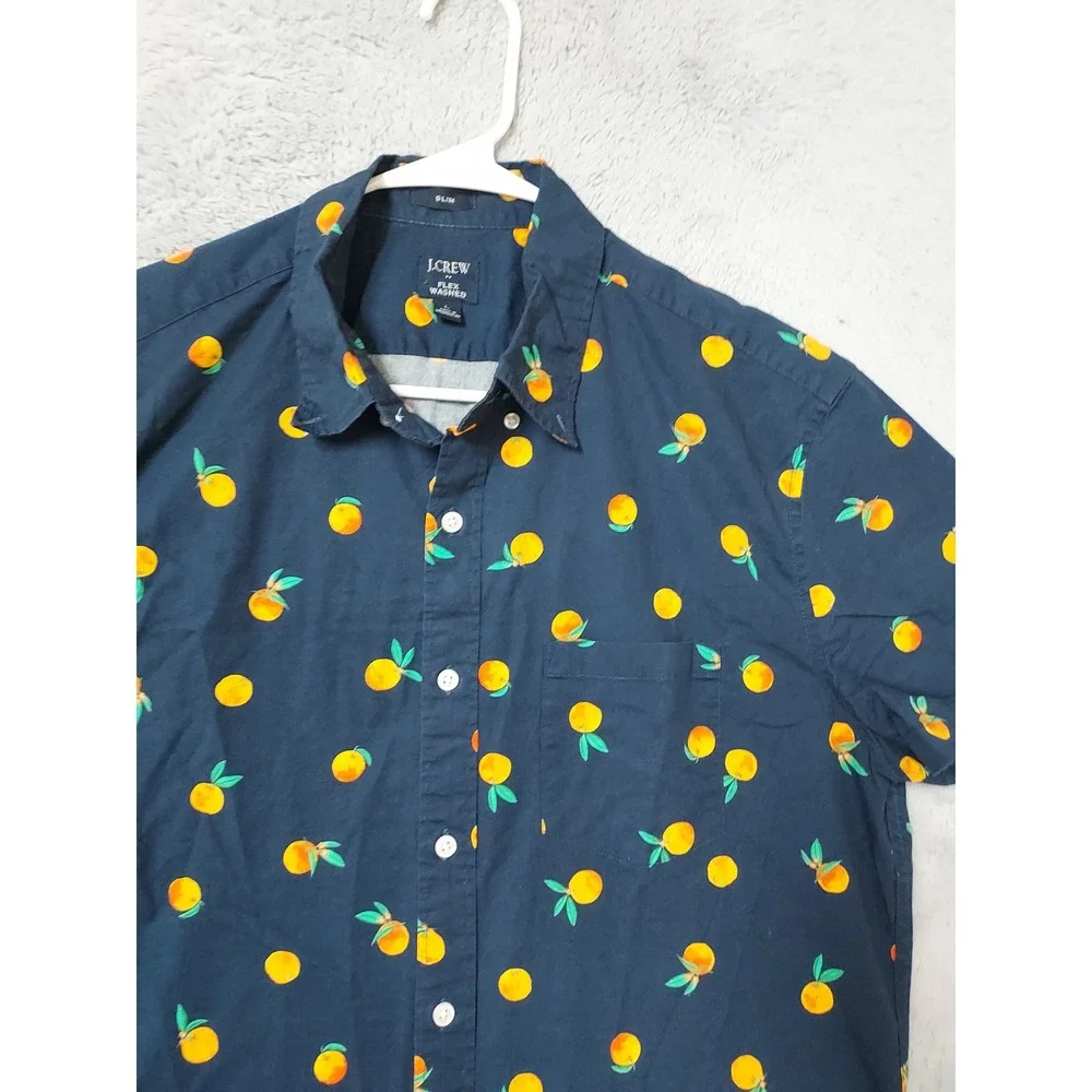 J Crew Shirt Mens Large Slim Flex Washed Short Sleeve Orange Fruit Novelty Print